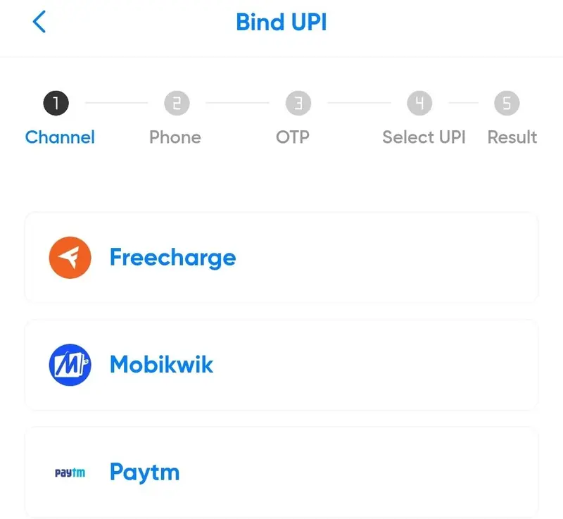 ShowPay UPI setup screen example showing the channel selection step